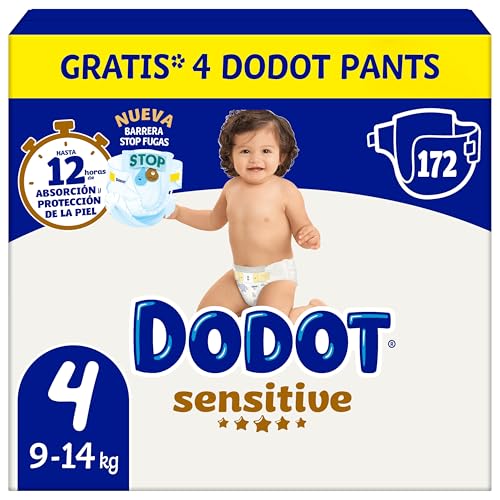 Dodot Pañales Bebé Sensitive, Talla 4 (9-14 kg), 172 Pañales + 4 Pants de Regalo, Hasta 12 h De Protección Antifugas y Cuidado de la Piel, Pack Mensual