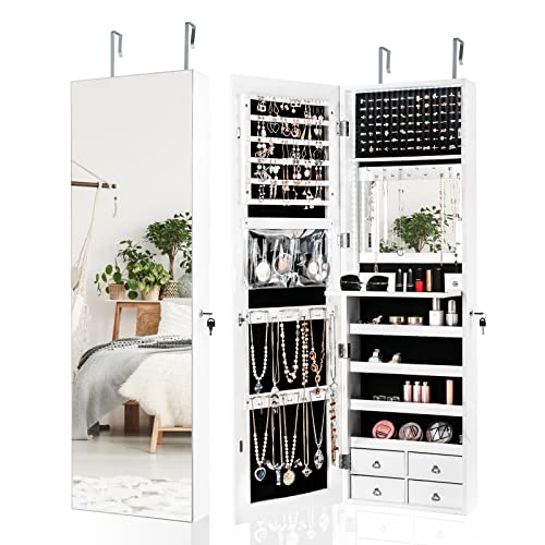 COSTWAY Armario para Joyas con Espejo de Cuerpo Entero LED, Armario Multiuso con 4 Cajones, Cajonera Incorporada para Joyas y Cosméticos, Organizador Joyero Montado a la Pared o a la Puerta (blanco)