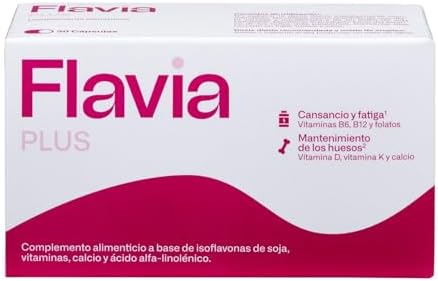 FLAVIA Plus 30 Comprimidos - Alivia los Síntomas de la Menopausia, con Isoflavonas de Soja y Calcio, Bienestar de los Huesos, Disminuye el Cansancio, Complemento Alimenticio con Estudios Clínicos