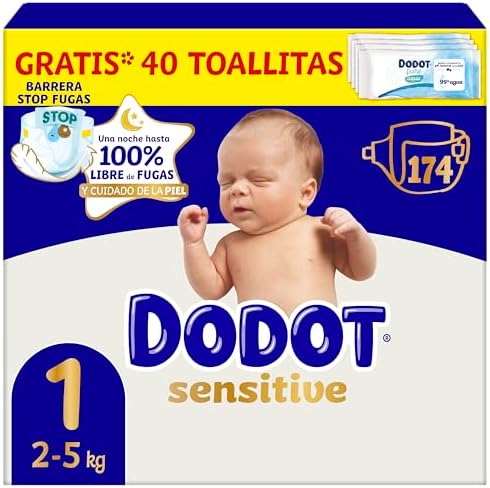 Dodot Sensitive Talla 1, 174 Pañales Para Bebé, 2kg-5kg, Hasta 12 h De Protección Antifugas y Protección Para La Piel