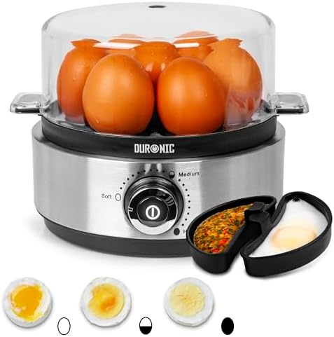 Duronic EB40 BK Hervidor de huevos | Potencia 400W | 7 huevos | Cocción con termostato | Huevos duros, huevos mollet, huevos pasados por agua | Apagado automático | Accesorio para escalfar