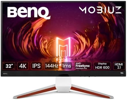 BenQ MOBIUZ EX3210U Gaming Monitor White 32" 4K UHD IPS, 144Hz 1ms, HDMI 2.1, FreeSync, HDR600, 98% P3, 99% Adobe RGB, Eye-Care, Remote Control, Speakers 2.1, Compatible PS5/Xbox Series X 4K@120Hz