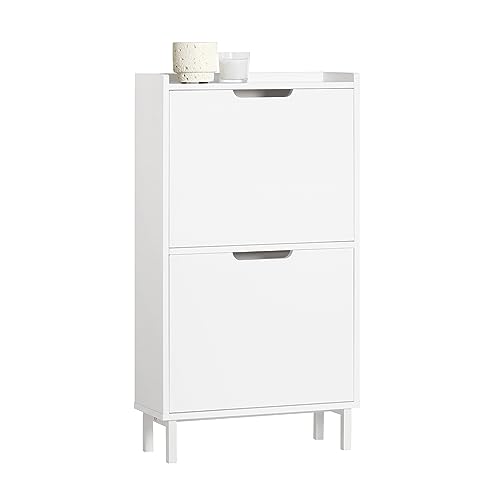 SoBuy White Narrow Shoe Rack with 2 Flaps Shoe Cabinet Entryway Hallway, Narrow Wooden Shoe Cabinet for Narrow Hallway and Entrance, 50 x 19 x 91 cm, White, FSR151-W