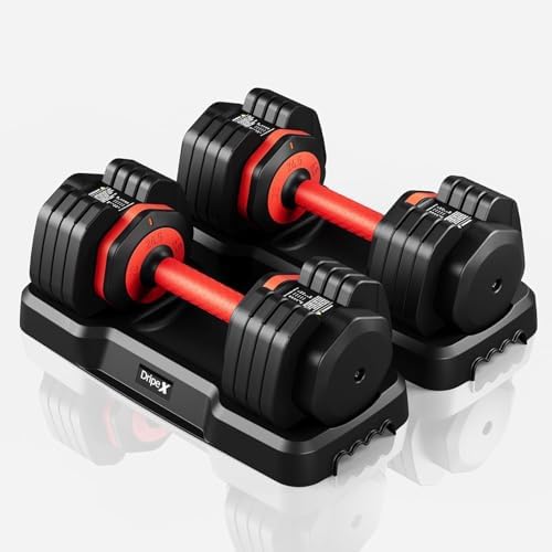 Dripex Mancuernas Ajustables, 11 kg/24,5 kg, 5/10 en 1 Juego de Pesas y Mancuernas, Ajuste Rápido con Base, Ahorran Espacio para Entrenamiento en Casa y Gimnasio