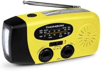 Thomson RT260Y - Radio Solar de Emergencia, FM/Am con Manivela, Portatil, Función Powerbank Solar 2000mAh, Linterna sin Pilas con Dinamo LED, botón SOS, Doméstica y de Camping, Amarillo