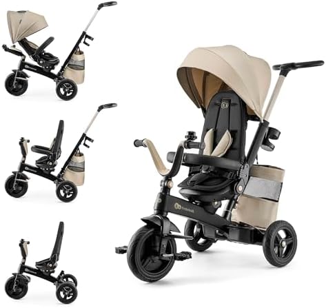 Kinderkraft EASYTWIST Triciclo Infantil, con Accesorios, Ventana de Techo, Cinturones de Seguridad, rotación de 360 Grados, Rueda Libre, Barra de Empuje, a Partir de 9 Meses hasta 5 años, Beige