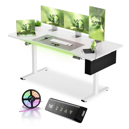 buybyroom Electric Lift Desk Table, Standing Desk with Non-Woven Storage Bag and Light Strips and Controller, for Office Desk and Desk Tables, USB Port, 160 x 75 cm, White