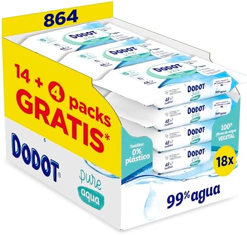 Dodot Toallitas Pure Aqua Para Bebé, 864 Toallitas (18 Packs de 48 Unidades), Ayuda A Restaurar El PH Natural De La Piel, 99% Agua, Sin plástico