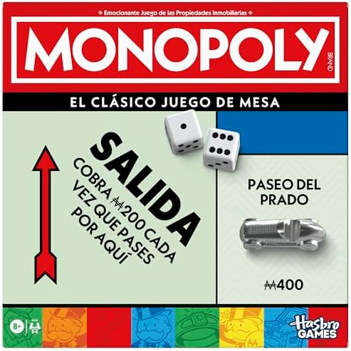 Hasbro Gaming, Monopoly Clásico, Juego de Mesa, Inversión en Familia, Tablero, Caja Almacenamiento, 6 Peones Grandes, Fiestas con Amigos, Multijugador, Dinero Colores, Juegos para niños y niñas