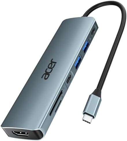 acer Hub USB C 7 en 1, Docking Station Tipo C, Adaptador HDMI a USB C con 2X USB 3.0 y USB C 5Gbps, Hub HDMI 4K@30Hz, PD 100W, Lector de Tarjetas SD/TF, Compatible con iOS, Android, PC y Portátiles