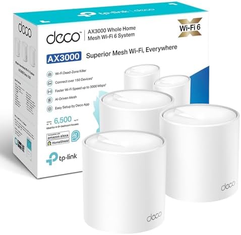 TP-Link Deco X50 WiFi 6 AI Mesh System, AX3000 Dual Band 2.4 GHz/5 GHz, Coverage up to 600 m², 3X Gigabit Ports per Unit, Band 160MHz Channel, ODFMA, 1024QAM, White