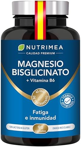 Magnesio Bisglicinato + Vitamina B6 Activa - Máxima Absorción y Tolerancia - Estrés, Fatiga y Calambres - Apoyo Muscular y Nervioso - Vegano, Sin Gluten ni Lactosa - 90 Cápsulas - Nutrimea