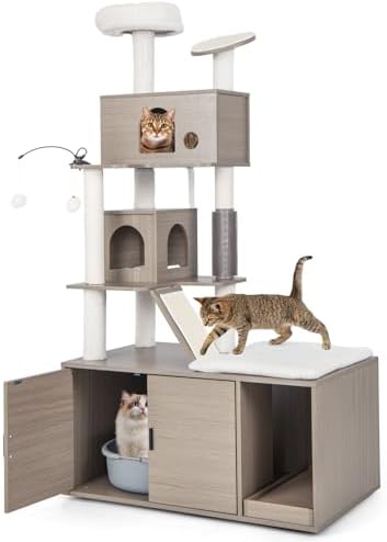 GOPLUS - Árbol para gatos con mueble de cama para gatos, 2 condo,rascador, rascador de sisal, bolas colgantes, árbol de gato con inodoro para gatos, gris (173 cm)