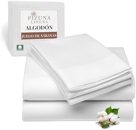 Pizuna Juego de Sabanas 150 x 190/200 cm Algodon Blanco, Lujoso Satén 100% Algodón de Fibra Larga de 400 Hilos Sabanas 150 cm con 1 Sabana Encimera, 1 Sabana Bajera, 2 Funda Almohada