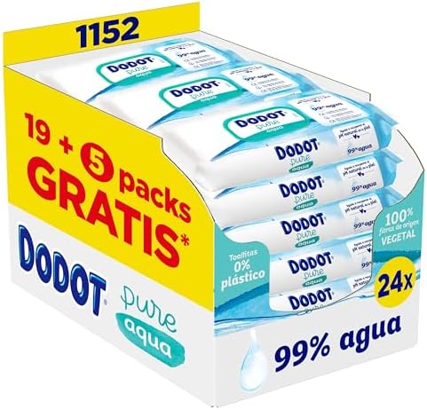 Dodot Toallitas Pure Aqua Para Bebé,1152 Toallitas (24 Packs de 48 Unidades),Ayuda A Restaurar El PH Natural De La Piel, 99% Agua, Sin plástico