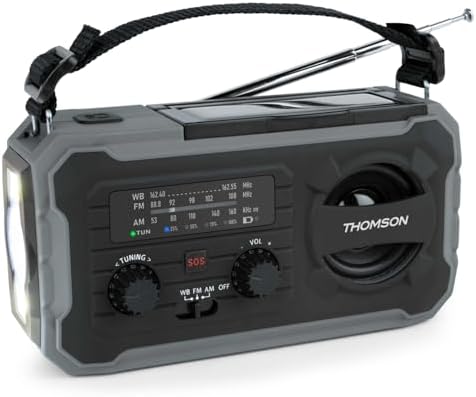 Thomson RT280G - Radio Solar de Emergencia FM/Am con Manivela, Portátil, Función Powerbank Solar 8000 mAh, Recargable USB-C, Linterna, luz de Lectura LED sin Pilas con Dinamo, Gris