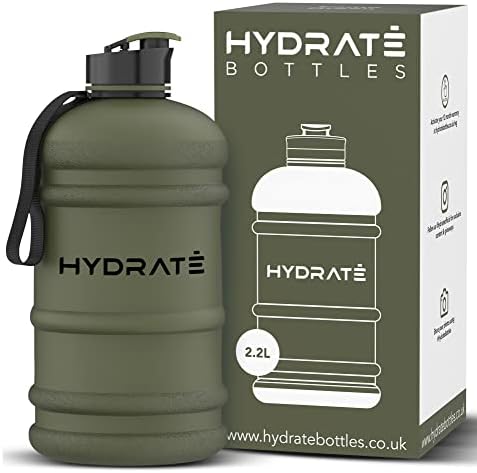 HYDRATE - Botella de agua XL de 2,2 l, sin BPA, a prueba de fugas, tapa abatible, ideal para gimnasio, recipiente de agua transparente con material extra fuerte, perfecto para deportes, rugby y sobre