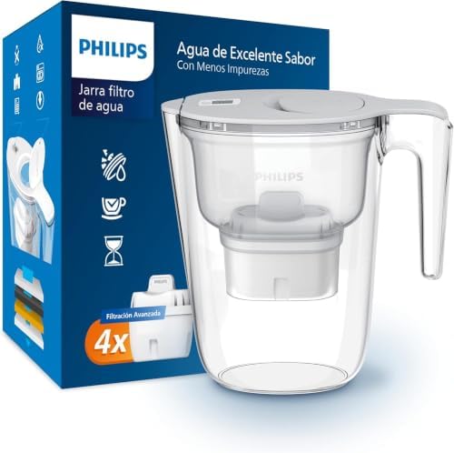 Philips Water Filtro de jarra + 4 cartuchos de filtro de repuesto, Filtración Avanzada, flujo rápido, temporizador electrónico, filtra CLORO, CAL, metales pesados y MICROPLÁSTICOS, capacidad 2,6 L