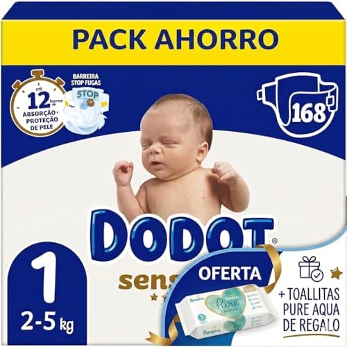 Dodot Pañales Sensitive Talla 1 (2-5 kg), 168 Unidades, con Toallitas Pampers Aqua Pure de Regalo